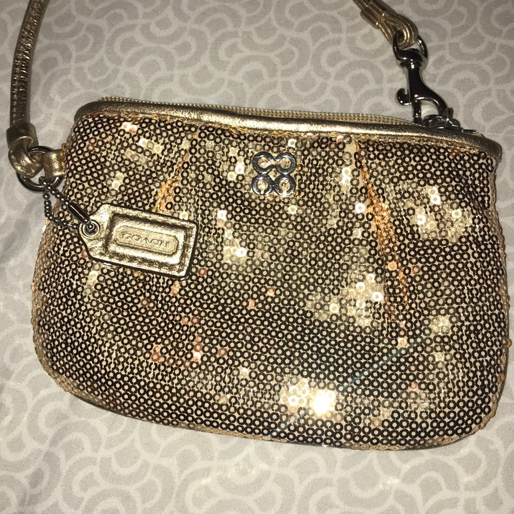 Greatly Loved Small Gold-Sequined Coach Wristlet